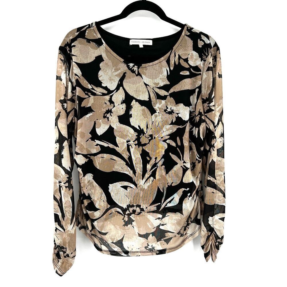 MADISON + HUDSON Brown Black Floral Print Sheer Long Sleeve Blouse Top Large